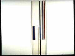 This piece consists of several long, thin clear plexiglass panels with red, black and blue vertical stripes, which have slots in them so they fit together with similar panels to form cross-shaped columnar structures. 