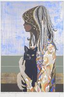 A girl with her head and body in profile, her brown hair is highlighted with white and gold strands, and bordering her face are gold curls. she is wearing a long-sleeved shirt with orange, blue, white, and brown swirls. In her arms in front of her is a frontal view of a black cat.