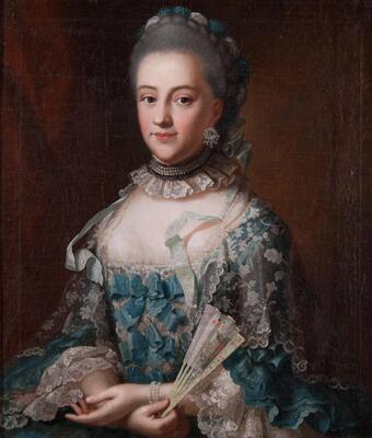 An elegantly attired young woman is shown in a half-length portrait. Her hands are crossed in front of her at the wrist and she holds a partially open folding fan in her right hand. Her blue silk dress has long lace cuffs and a lace overlay at the shoulders and bodice. The bodice is also ornamented with silk bows of matching silk. At her neck is an elaborate pearl and lace choker; she has a matching pearl bracelet and seed pear earring. Her haif carries the blue of dress in the ornamentation at the crown of her head. Ribbons from her hair ornament cascade down either side of her bosom.