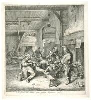 This etching portrays a lively tavern scene in the 17th century Dutch Republic.The large room has rough plank walls and a stone floor. There is an open hearth on the right and a long table with a bench in the background. There are many figures engaged in various activities, but most are clustered around a seated man playing a violin. One man stands to watch, another, with arms upraised, is singing and a woman tends to a young child. The scene is depicted in great detail and there is lettering on the bottom of the print.