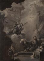 In this painting, rendered entirely in gray monochrome, a technique known as grisaille, an angel descends on a bank of clouds toward a woman who kneels on the floor before a prie-dieu. She looks downward and turns away from the angel in a gesture of humility, and her head is illuminated by the light from a luminescent dove in the cloud above her. A bearded man looks down from the summit of the cloud, nearly engulfed in light, and a number of cherubim appear throughout the scene. The robust forms and grounded materiality of the woman's body and the furniture around her give way to light-filled clouds and diffused forms in the upper part of the canvas as the heavenly and worldly realms come together.