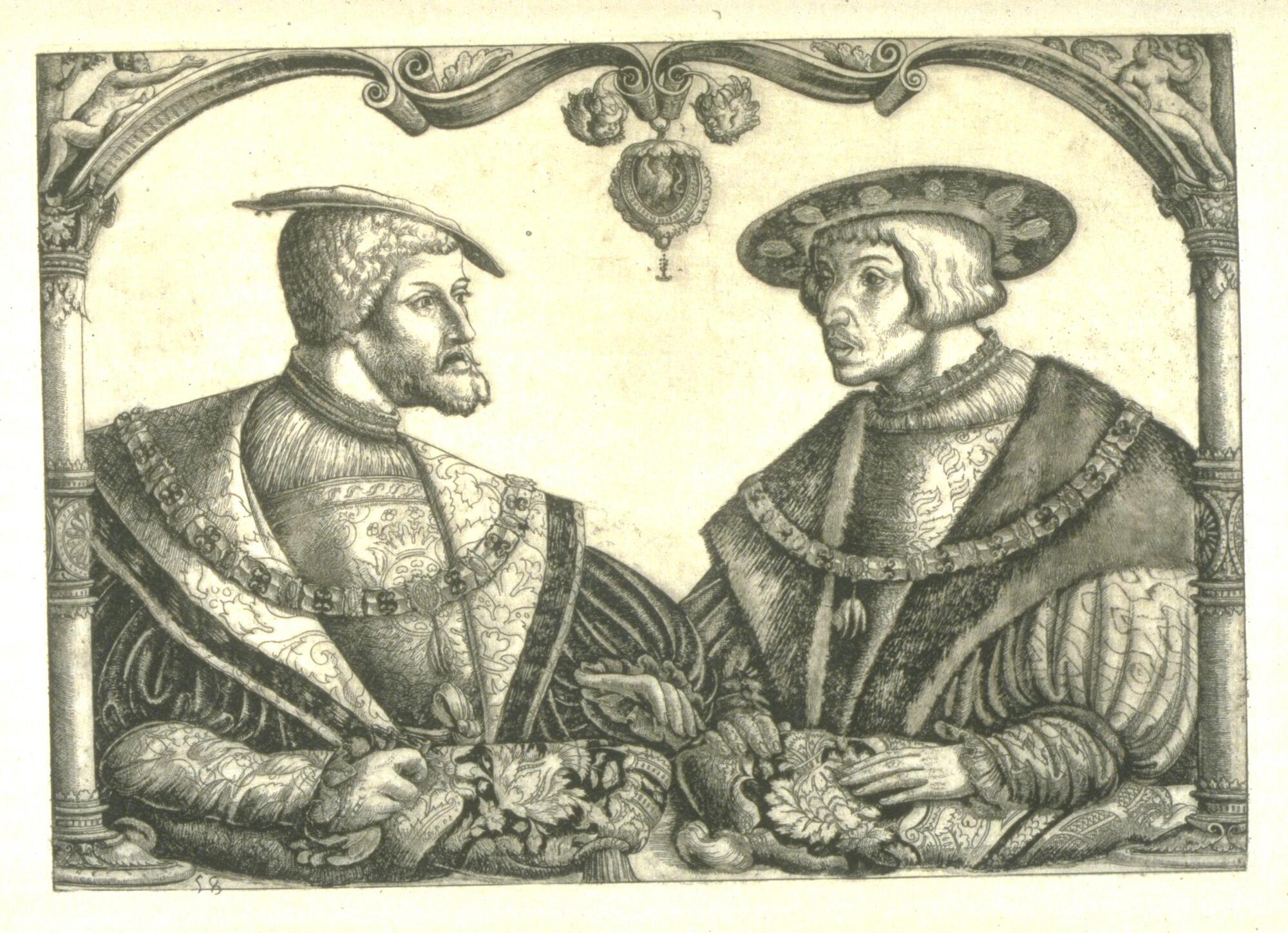 Two male figures wearing voluminous patterned garmets and flat brimmed hats face one another, surrounded by an ornamental, classically inspired frame. Larson 2/7/18<br />
&nbsp;