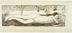 Nude female figure stretched out on the grass in a shallow landscape with trees in the background<br />