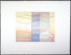 This print shows an image of a portion of a skyscraper building. The building has alternating rows of light and dark grey-blue windows, which fade into shades of purple towards the top. In the background, orange and yellow sky with grey clouds is visible and a small smoke stack can be seen in the distance. The print is numbered (l.l.) "7/20" and signed (l.r.) "leJeune" in pencil.