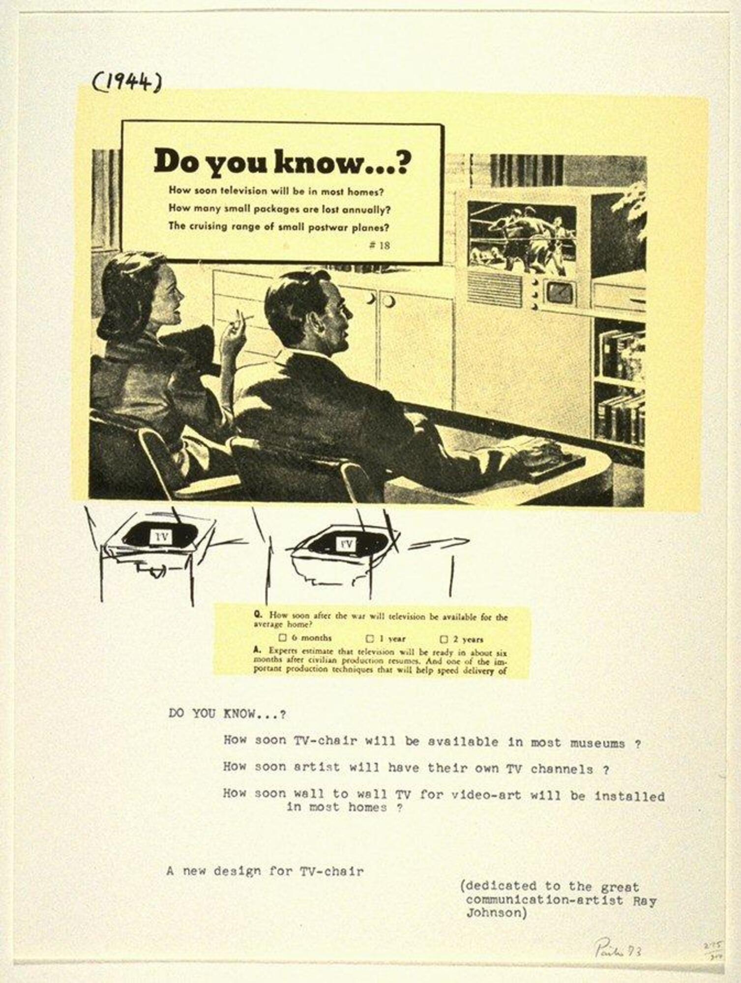 This vertical print shows a slick advertising image in the top half with a man and a woman watching an early model television set. The woman is smoking a cigarette. A text box is inserted asking three questions. The bottom half is less slick, simply a diagram and text, some of it in a typewriter font. Text above and below asks about how soon television sets will be widely available in homes and museums. The date 1944 is included in parentheses at the top of the image.