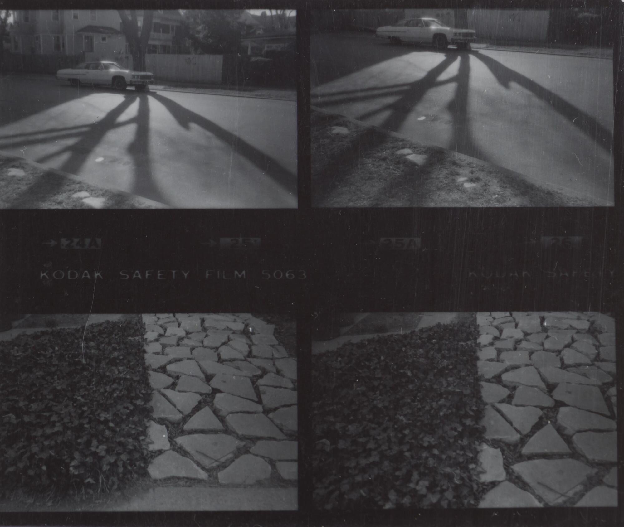 Four images - two of a car parked in the street with a shadow of a tree and two of a stone walkway.