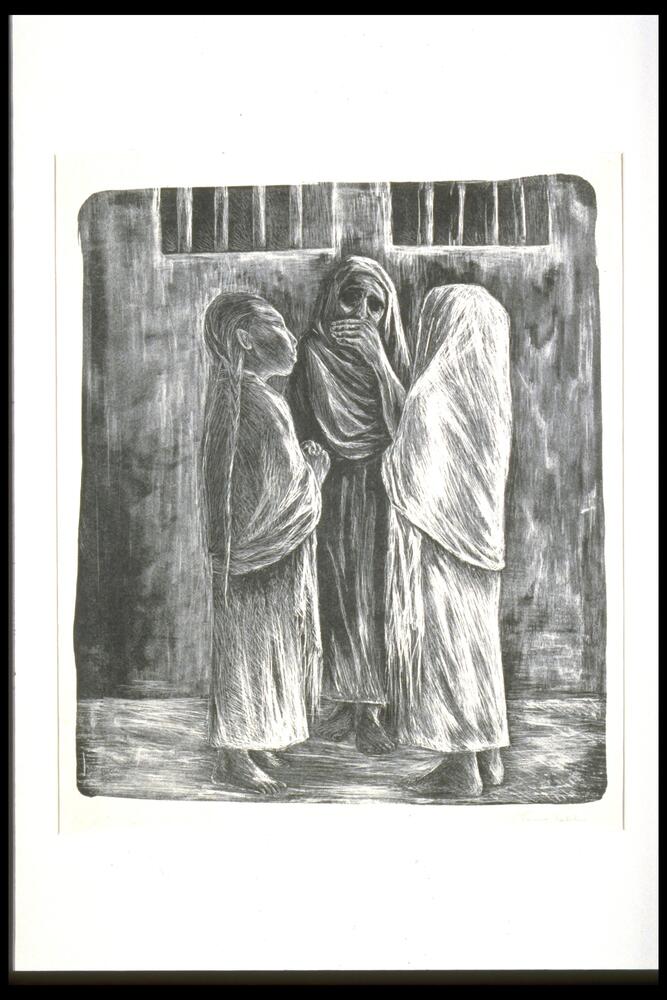 Three women stand at the center of the piece in front of what appears to be a prison. The woman in the middle covers her mouth with her hand; face filled with anguish. The face of the woman to the right of the painting is not shown, while the woman to the left stands with hands clasp, hair long, and face stoic.