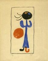 This print shows a figure with a blue body, black head, blue arms, and one black leg and foot and one orange leg and foot in a boneless depiction which resembles the style of a child. There is an orange circle to the right of the figure. A black rectangular outline surrounds the figure and the circle.