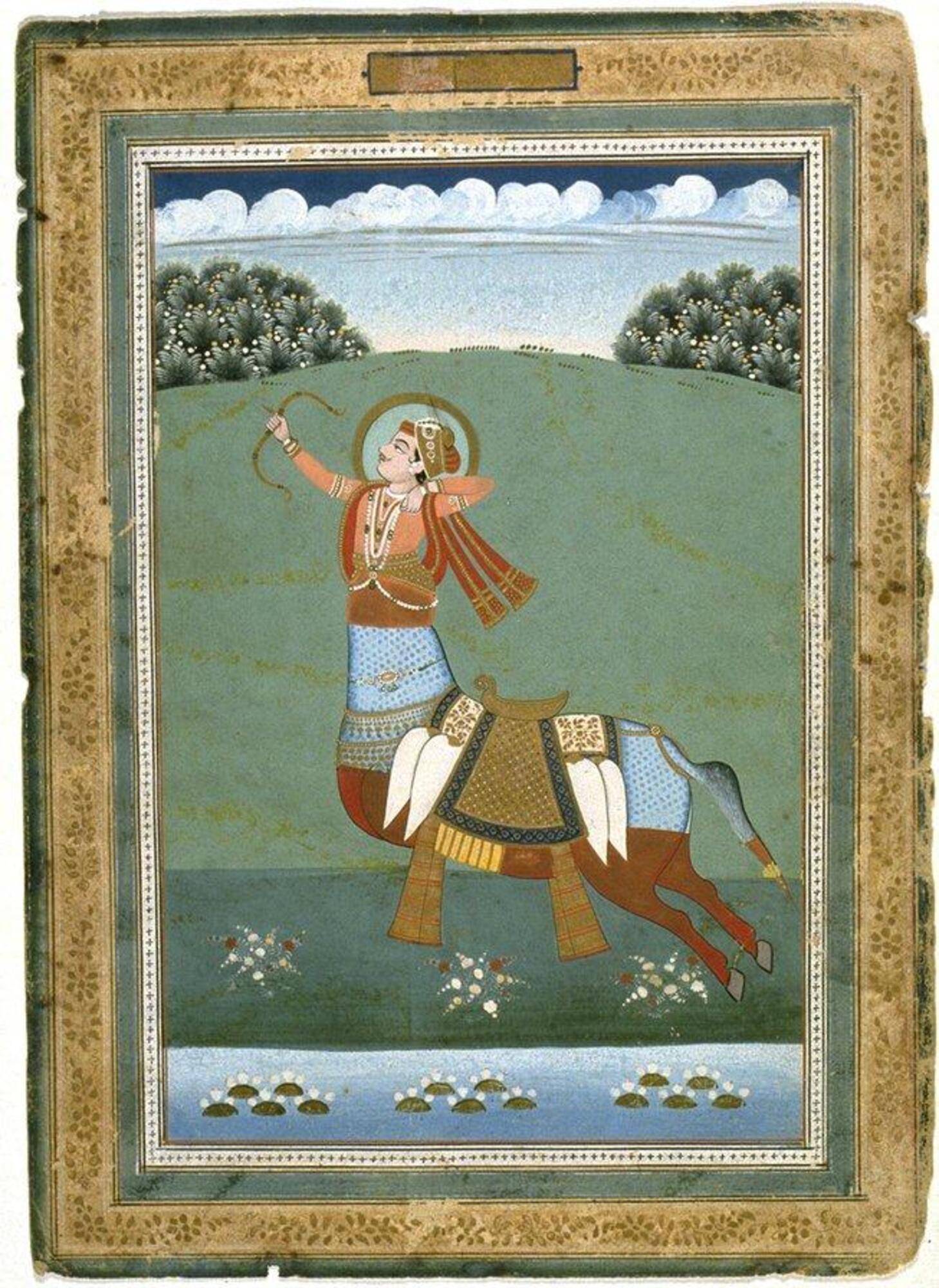 A centaur dominates the foreground of this image. This is a half man-half horse creature, framed by a green field and cloudy sky. He holds a bow and arrow in his hands. A water body runs below the centaur.