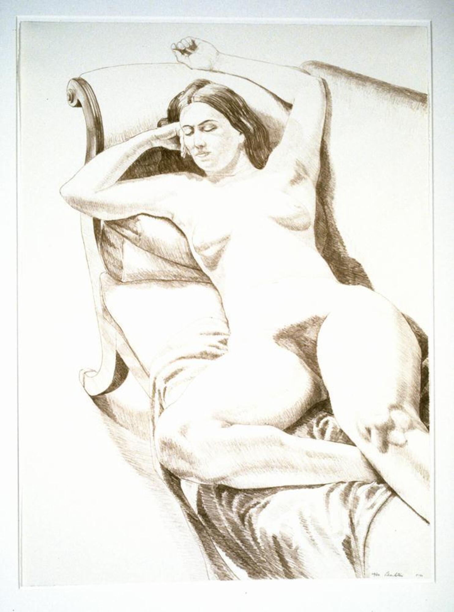 A nude woman with closed eyes reclines on recamier sofa, with feet toward the viewer, and her head on the arm of the sofa. She rests her arms above her head.