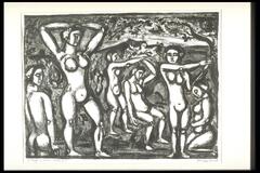 This black and white print shows several nude women in a landscape. The most prominent of the figures stands on the left side, eyes closed with her hands behind her head. Another figure to her left, sits with her back facing the viewer. In the center are two more figures, in the distance, and on the right is another standing figure and one kneeling. The background is dark and the figures are all outlined in bold black lines.