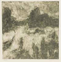 Square black and white monotype image of mottled waves.