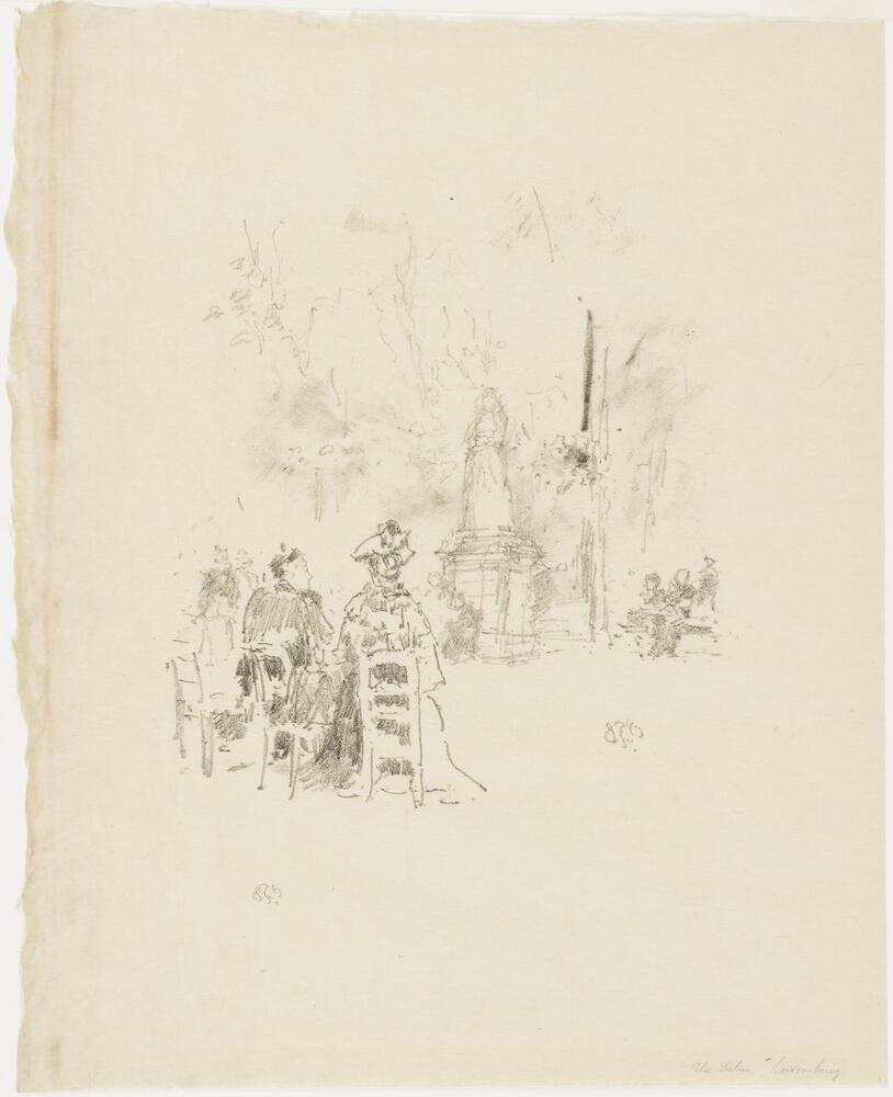 In the lower left corner, two women are seen seated out of doors conversing in a park-like setting. In the middle distance is a large sculpture on a raised pedestal. Grouped around the sculpture are other small gatherings of people in conversation. Behind the figures and sculpture is the loose indication of trees.