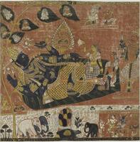 The blue four-armed Vishnu is shown lying on a gigantic pipal leaf with his left leg crossed over his right leg; as his female consort gently strokes his leg, he awakens from a long sleep. Another woman fans him. From his navel sprouts a lotus, bearing the four-headed creator god, Brahma, and rishis or sages appear in the upper branches of the pipal tree.  Vishnu has four arms carrying a discus and a conch in his back hands and the lower left arm is extended pointing towards the women at his feet while the lower right am is cross towards his stomach.<br />The iconography is further compounded by the image in the lower register of a tortoise at the bottom of the ocean of milk, bearing a mountain on his back. The tortoise is in fact Kurma, another manifestation of Vishnu, supporting the cosmic axis. Elephants have gathered to pay homage to him, while in a small inset at right, a worshipper pays homage to Shiva, Vishnu, and Brahma. A large red figure faces the scene to the right accompanied by small blue figures