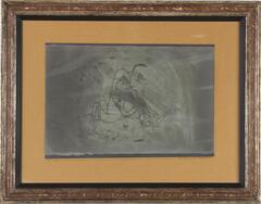 At the center of the page, there is an oil transfer drawing of two figures. The figure on the left is seated and looking towards the figure on the right, who is standing. The whole page is covered in grey watercolor that is darker at the edges. The page is mounted on cardboard and is titled (l.r.) "das Paar in dez Dämmerung," dated (l.l) "1924" and numbered (l.l.) "69" on the cardboard. 