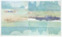 This calm, horizontal abstract watercolor has registers of aquamarine, ochres, greens and dark blues. 