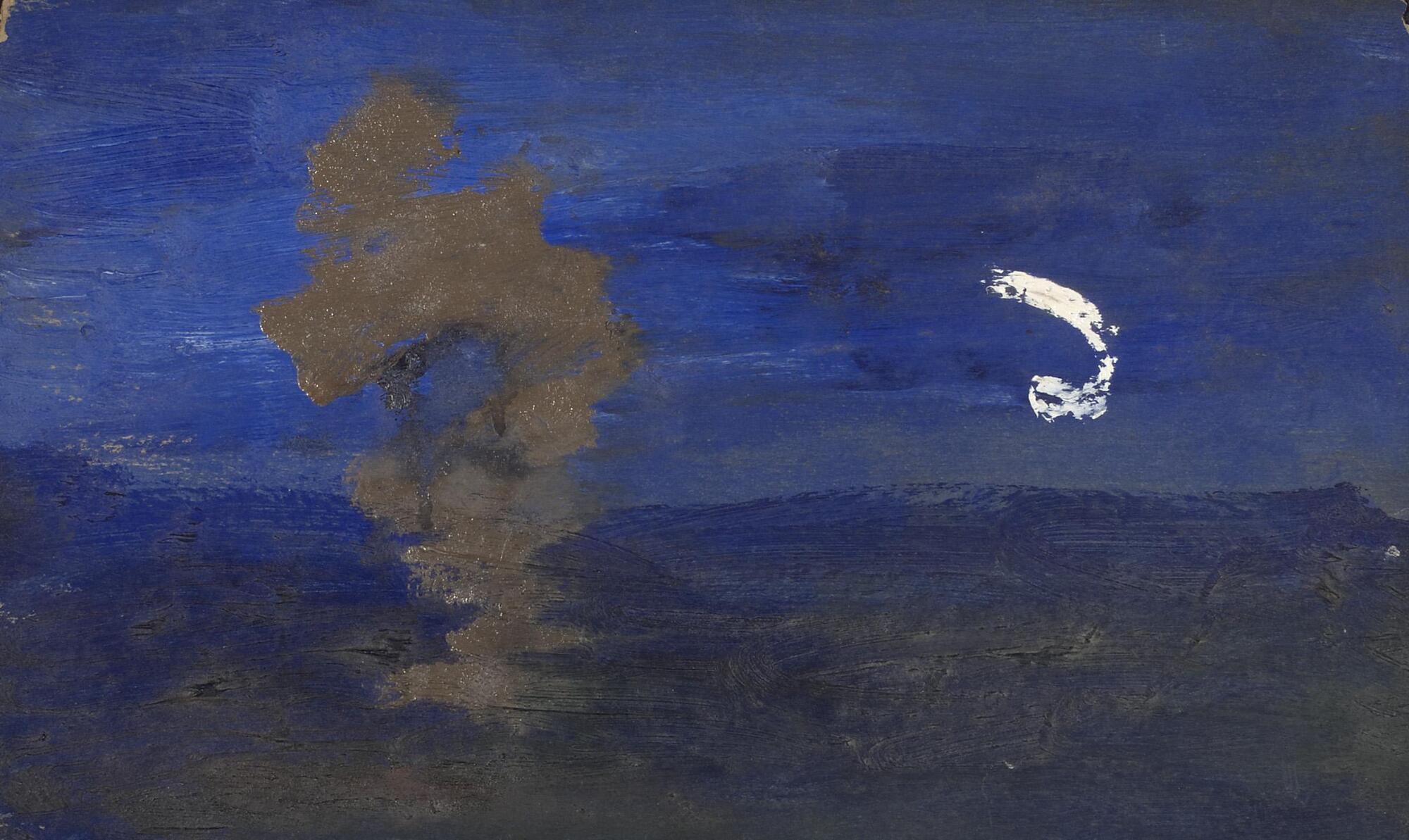 An abstract painting with a low horizon line, deep blue above the horizon and dark greenish-brown below. There is a brown cloud-like abstract form left of center, and bright white, swirling brushstroke right of center.