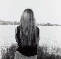 A woman's back with long hair staring out at a body of water.
