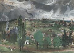 This landscape of a town has trees and a few figures in the foreground, homes in the midground, and the skyline of a small city in the background.