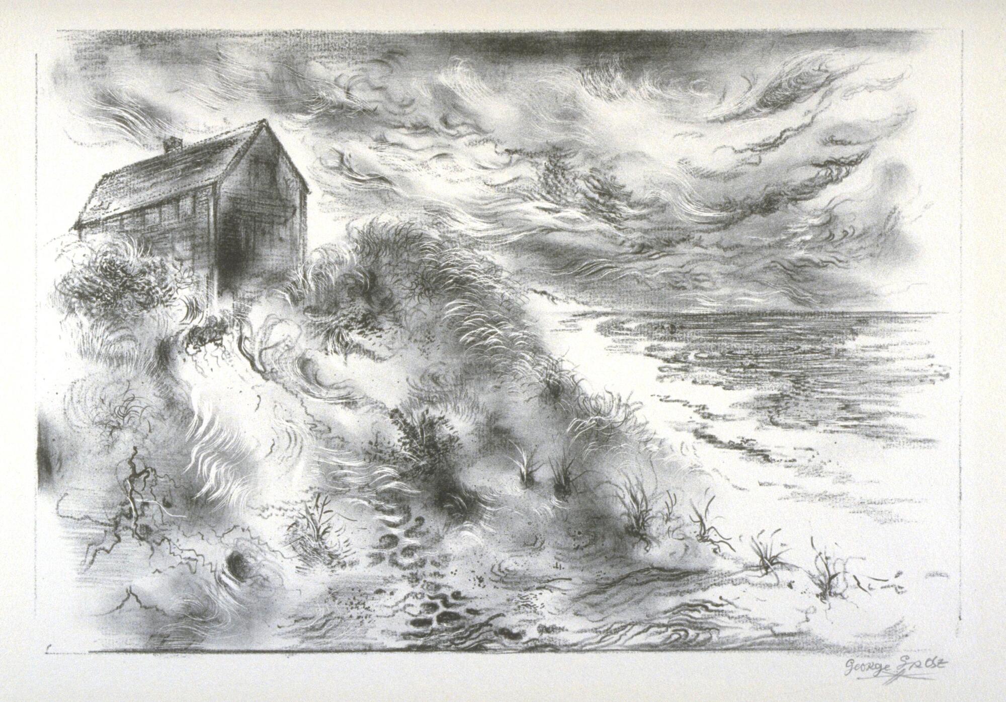 In the top left corner a house lies on top of a hill of sand dunes covered with grasses, with the ocean to the right and storm clouds swirling overhead