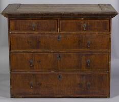 Four layers of drawers, four legs on the bottom, the chest sits on top of the four legs, in two separate pieces.