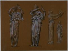 Black chalk drawing with white highlights on a brown colored background. Four female figures, dressed in classical style drapery, standing in various poses playing a tamborine. One (small) with arms down at her side; one (medium) in profile, with arms outstretched; and two large figures, facing front, showing the motions of hitting the tamborine.