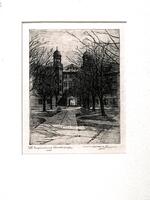 This is an etching of a paved path to an archway under a building. The path leads from the foreground of the print back into the distance. Trees line the path and in the background is a building with two turrets above and an archway below.