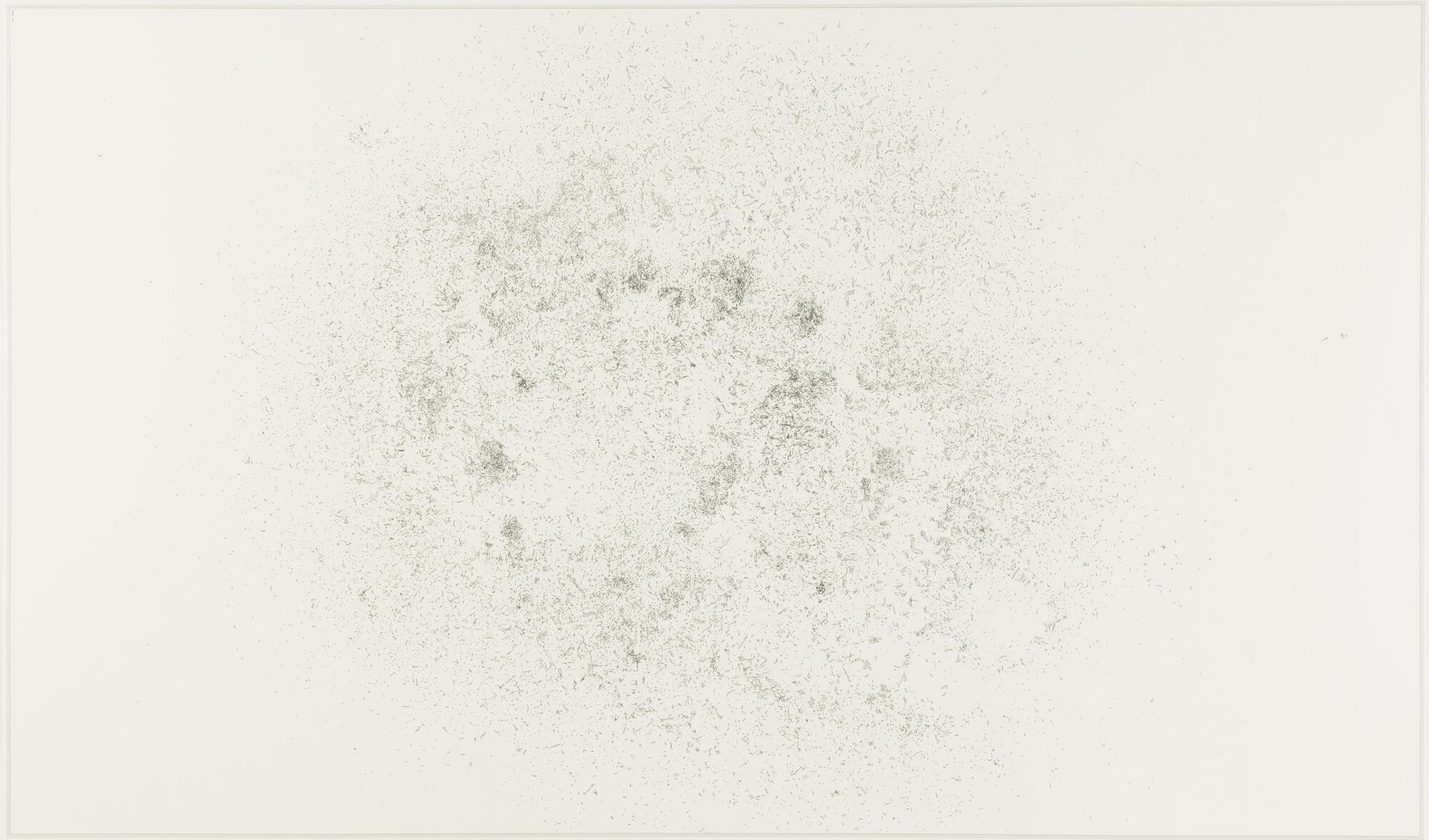 This drawing has a series of abstract marks and small shapes that form a kind of messy orb at the center of the page. The print is signed and dated (u.l.) "EC 08" in pencil.