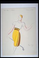 This costume design shows a dancer leaning back to the right with golf club in the right hand. The dancers wears a white top with short sleeves and yellow culottes with brown and black trim at waist and along the side of the left leg.