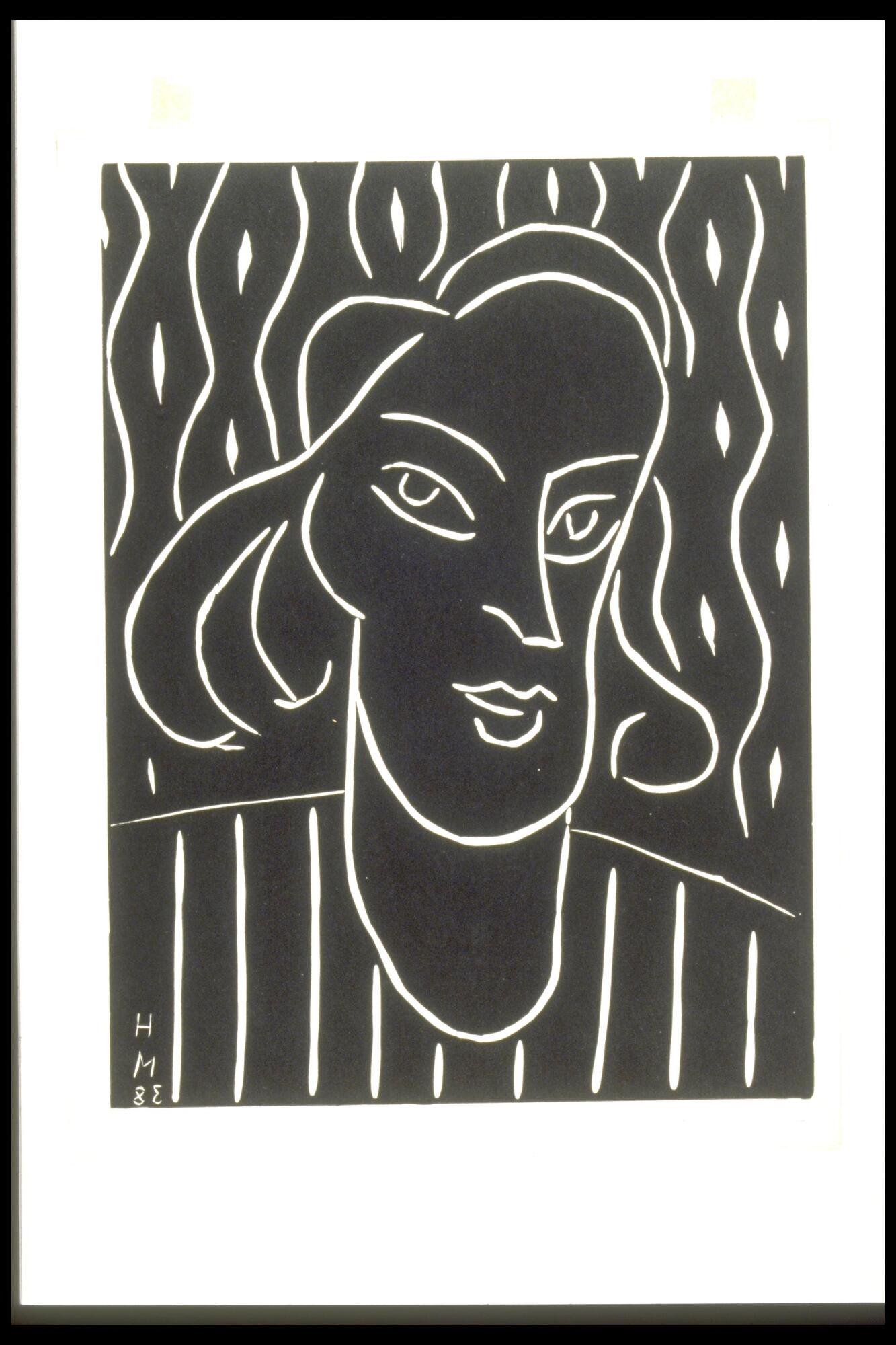 This print is a white line drawing of a woman on black ground. The woman with a longish face and wavy hair wears a striped shirt. Sinuous vertical lines and dashes make up the pattern of the background. 