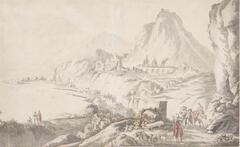 This pen and ink, wash and watercolor pictures a vast vista of a town on the water surrounded by mountains. In the foreground on a hill in the lower right of the composition there is a group of traveling figures including a woman riding a mule. On the left another group of three figures overlook the body of water in the distance. <br />