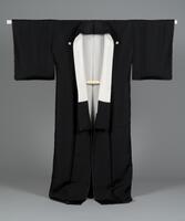 <p>formal black winter funerary (mofuku) kimono with five kamon (family crests) with a white lining.</p>
