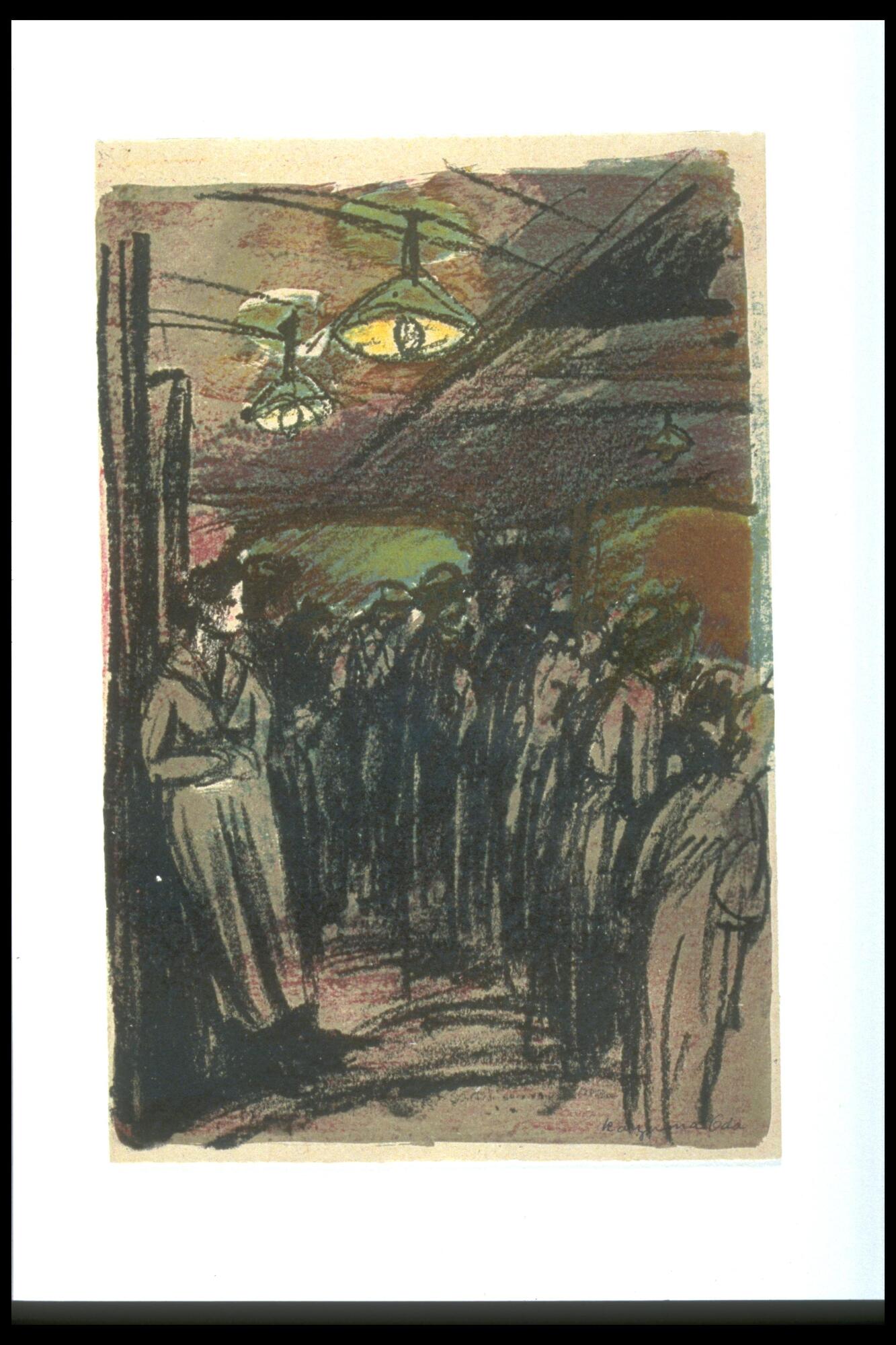 In thick, sketchy lines, this print portrays a scene in which one figure leans against a wall on the left, and a crowd of people look over a balcony on the right. The top half of the composition is taken up mostly by a ceiling with two lamps with bare bulbs hanging from it.