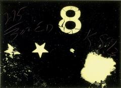 A print in black with white elements. Forms include an 8, some stars and an ambiguous shape. Written horizontally across the center of the print is the signature of the artist and the edition number.<br /><br />
EC 2017