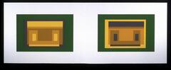 On a long white horizontal piece of paper are two green rectangles with other rectangles embedded in them, in shades of yellow and orange.