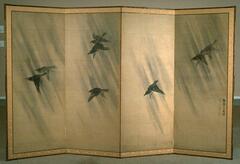 This four panel folding screen depicts eight crows flying through a rain shower. The birds themselves are naturalistcally depicted, while the rain is suggested through Yosa Buson's use of diagonal strokes of various shades of lighter ink washes. Buson makes use of the three-dimensionality of the screen's folds in his placement of the crows, creating a sense of depth and movement to his subject. 