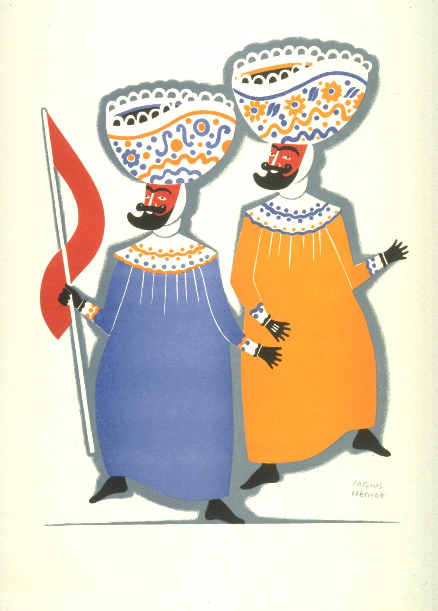 In this print, two figures are centered on the page. They both wear a red mask with a pronounced black beard and mustache. The figure on the right is in an orange-yellow gown with blue detail on the white lace trim and the figure on the left a blue gown, with orange-yellow details. Their gloves and shoes are both black. Both also wear white large hats that are bowl-shaped with white, blue, and yellow-orange lace motifs. The figure on the left carries a thin red flag on a white pole. 