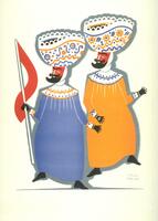 In this print, two figures are centered on the page. They both wear a red mask with a pronounced black beard and mustache. The figure on the right is in an orange-yellow gown with blue detail on the white lace trim and the figure on the left a blue gown, with orange-yellow details. Their gloves and shoes are both black. Both also wear white large hats that are bowl-shaped with white, blue, and yellow-orange lace motifs. The figure on the left carries a thin red flag on a white pole. 