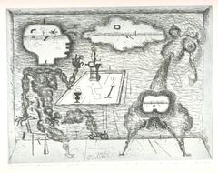 This print depicts two figures sitting at a table. On the right, there is a nude woman, whose stomach has a frame with a landscape scene inside. On the left, is a man, whose head is filled with a landscape scene. Above the table, there is a kind of thought-bubble with another landscape scene inside. The print is titled, numbered, signed, and dated in pencil at the bottom of the page.
