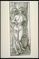 This black and white print has a long vertical format showing two nude figures standing in front of a tree trunk. The female is holding an apple in each hand and has her left foot resting on a tablet with the letters HGB. Her face is turned to look at the figure behind her. This figure holds her shoulder with one hand and with the other places a leafy branch in front of her genitalia. On the bottom left corner is a date 1519.
