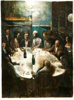 A group of men sit at a round table drinking. The full moon is seen through a window on the right.