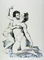 A nude woman and boy are intertwined in an embrace. She is kneeling with her right arm raised and bent, finger pointing upwards, and the boy reaches around her and fondles her breast. The woman is holding a gold sphere in her left hand and they are on a pile of textiles. 