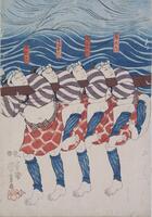 Four men are lined up close together, all holding onto an oar.  Each wears a red skirt, blue leg wraps, and purple and white shirts.  They each have their left legs raised as if to take a step.  Water is in the background behind them.<br /><br />
This is the right panel of a triptych (with 2011/2.193.1 and 2011/2.193.2).<br /><br />
Inscriptions: Sendō Dairoku; Onaji Kanroku; Onaji Sagiroku; Onaji Bunroku; Kuniyoshi ga (Artist's signature); To (Publisher's seal); Hama, Magome (Censor's seals)