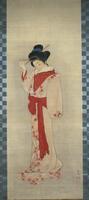 This image is of a lone female figure centrally located on the scroll. The dominate color of the image is red. The figure's outer kimono is decorated with red and gold maple leaves.