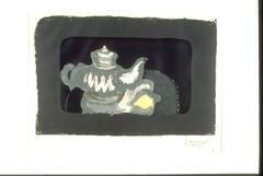 A squat teapot with an upturned spout, executed in gray and white that suggests silverware, sits left of center on a darker gray tray. To the right of the teapot is a lemon in bright yellow. The objects are surounded by black, and there is a dark gray frame of color around the entire print.