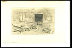 This horizontal print is filled with the exterior wall of a fish-house. The siding on the top half consists of vertical shingles, the bottom half of horizontal boards. On the left is a shuttered window, on the right an open door into a dark interior with wooden objects visible on the floor, possibly barrels. Various scraps of wood and metal lie on the ground on either side of the door.