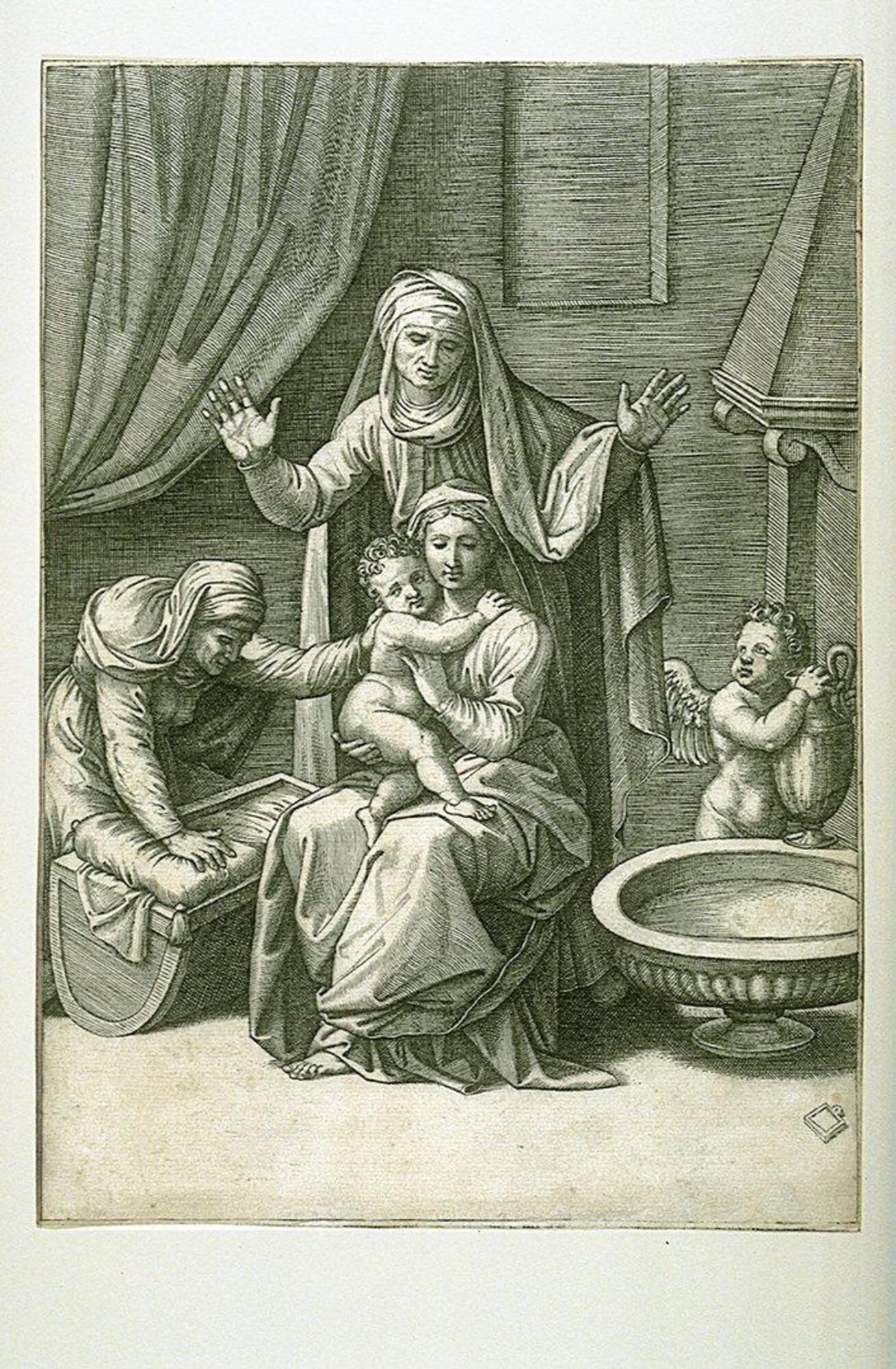 This sober, pyramidal composition consists of five figures within an interior. A seated woman and child occupy the center of the composition while flanking her to the left is a kneeling older woman with her left hand on the child her right hand on the cradle. To the right of the seated woman is a putti holding a ewer and standing next to a basin. Standing behind the seated woman is a standing woman with hands raised. All of the women are dressed in generalized classical drapery.