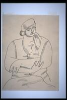 This work is a pen and pencil drawing of a solid, substantial, seated woman. She is looking slightly off to the right. Her arms are folded across her chest. The woman's hair is in a bun and she wears a hat and a sleeveless dress with buttons down the front.