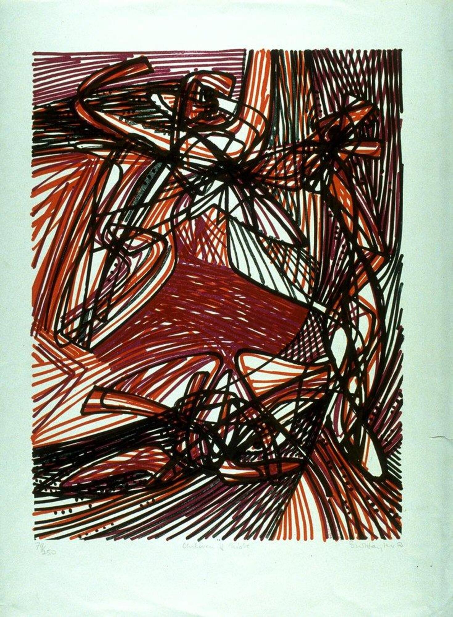 This color lithograph has an abstract composition of thin lines, all about the same width, in red, orange, green, and black. The print is numbered (l.l.) "79/250", titled (l.c.) "Children of Niobe", and signed and dated (l.r.) "S W Hayter 54" in pencil.
