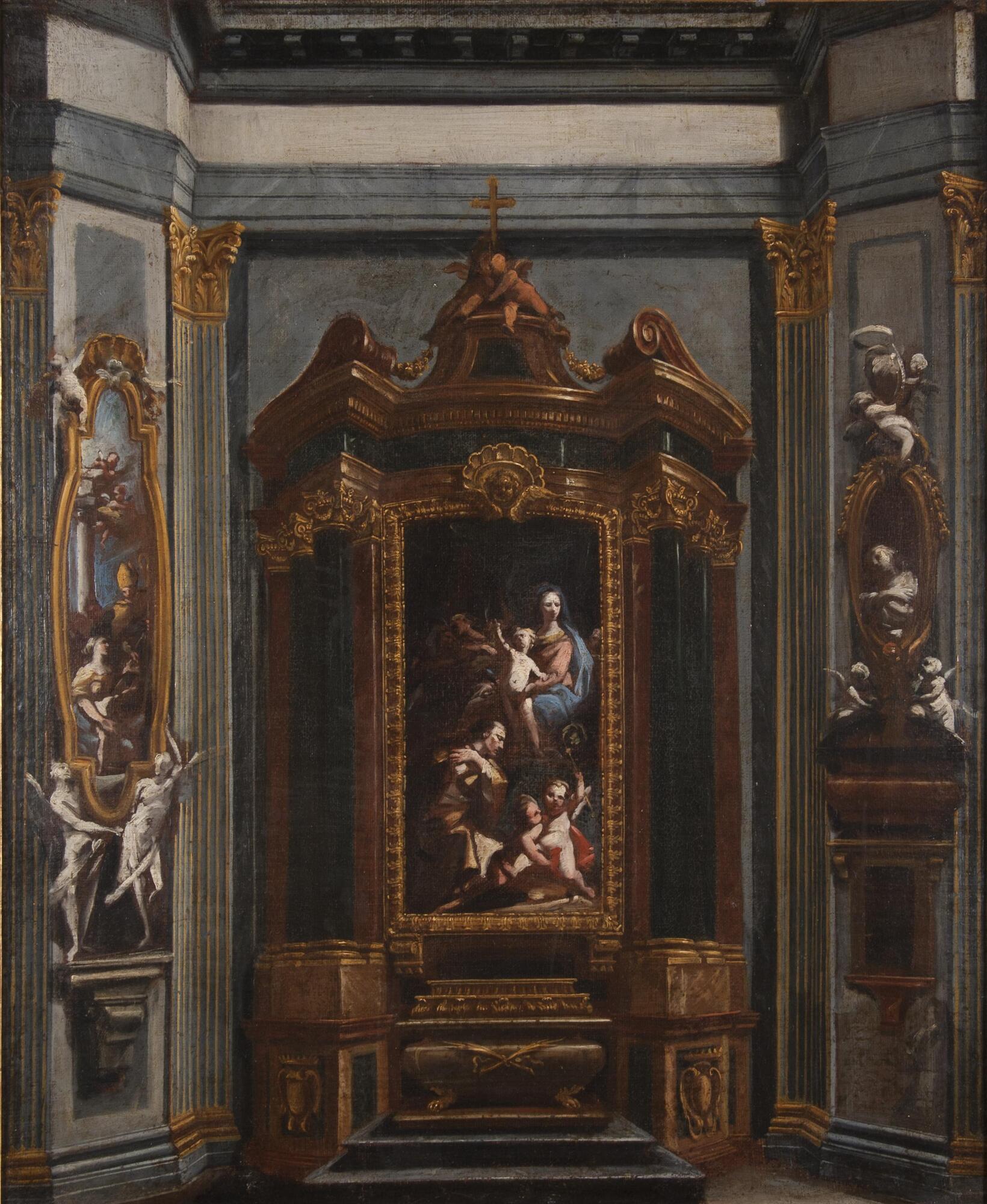 This study depicts a rectangular chapel with the side walls bent outward at an angle in order to provide a clearer view of the decoration. The chapel design centers upon a sarcophagus placed beneath a painted altarpiece of the Virgin and Child, which are both set within a semicircular architectural projection that extends dynamically from the wall. On the left the pair of angels that support a large oval-shaped painting reach vigorously outward, their wings overlapping the pilasters. On the right appears another sarcophagus surmounted by a pair of putti. Leaning out from the oval niche above the sarcophagus is a female half-figure—probably a portrait of the deceased—making a gesture of devotion toward the altar.